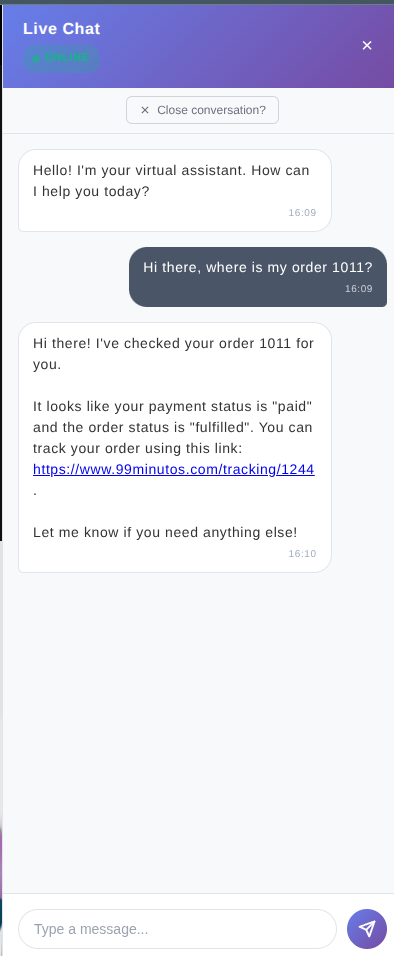 Demonstration of the **Shopify order tracking automation** by Smart Agent Chat.