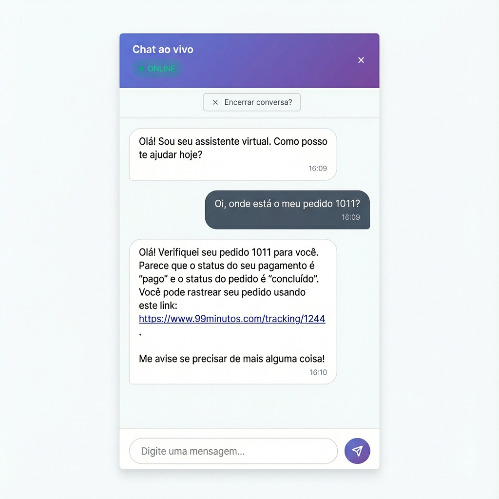 Diagrama que explica o funcionamento do rastreamento automático de pedidos Shopify do Smart Agent Chat.
