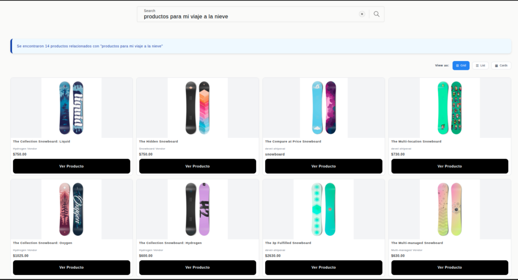 Comparación de una búsqueda básica vs. la búsqueda semántica de SmartAgent para un catálogo complejo de Shopify.