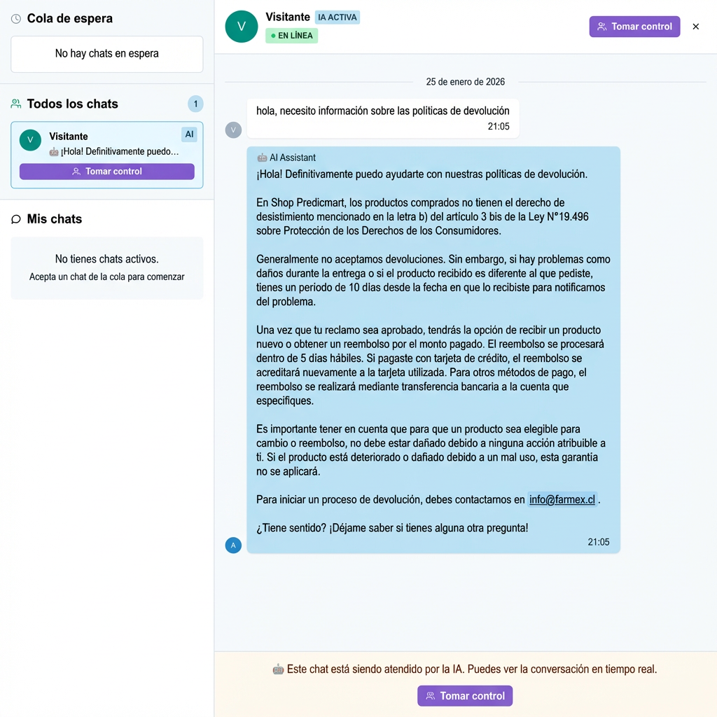 Dashboard de SmartAgent mostrando la función de toma de control en vivo de un chat para Shopify.