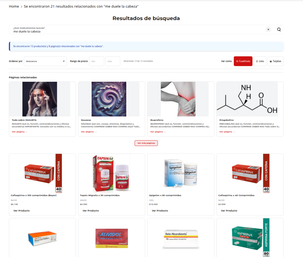 Demostración del buscador con IA para Shopify de SmartAgent, mostrando resultados de productos relevantes.
