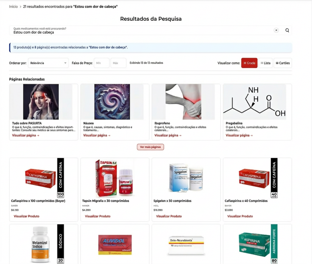 Demonstração do mecanismo de busca com inteligência artificial da SmartAgent para Shopify, exibindo resultados de produtos relevantes.