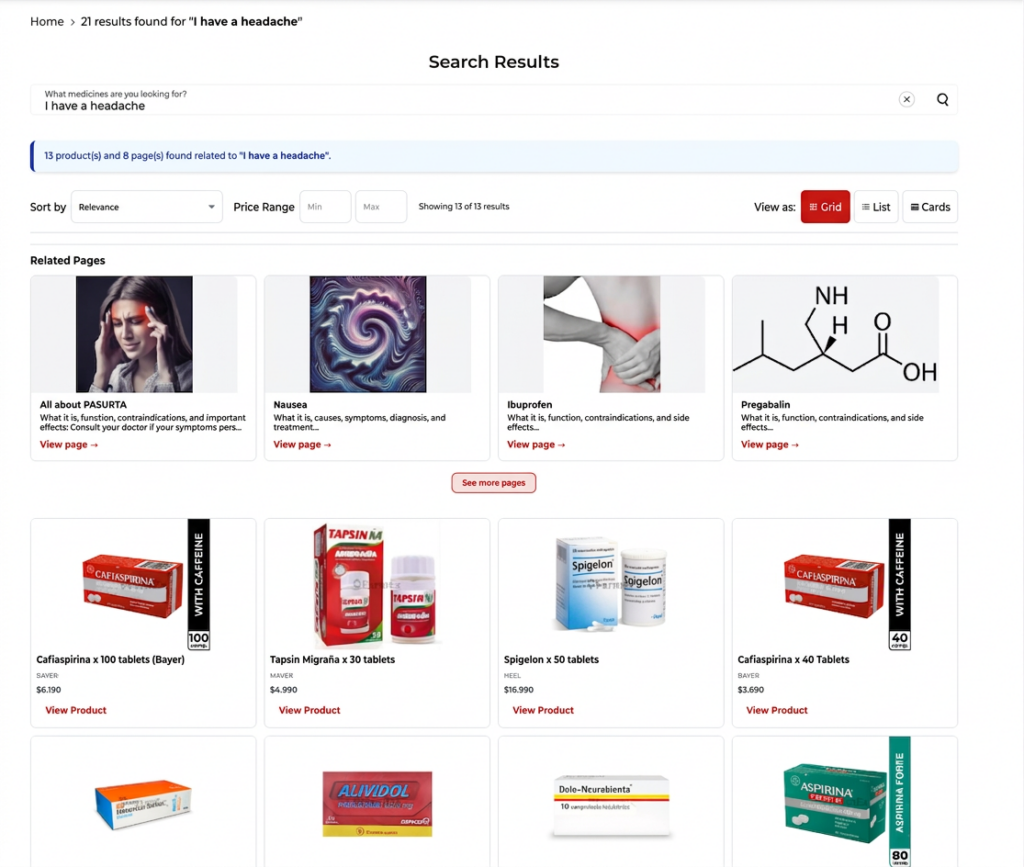Demonstration of SmartAgent's AI-powered search engine for Shopify, showing relevant product results.